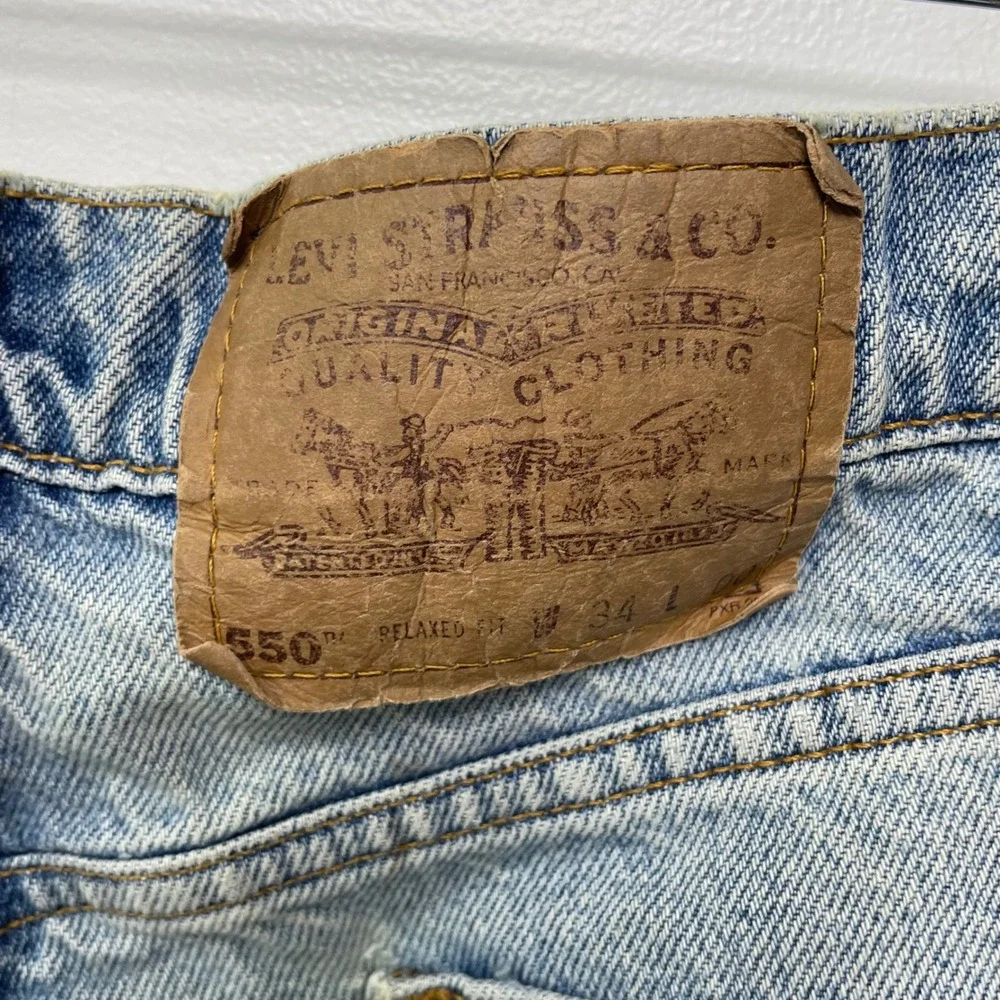 Vintage 90s Levis 550 Orange Tab Denim Shorts Baggy Thrashed 34 Jorts Skate Work